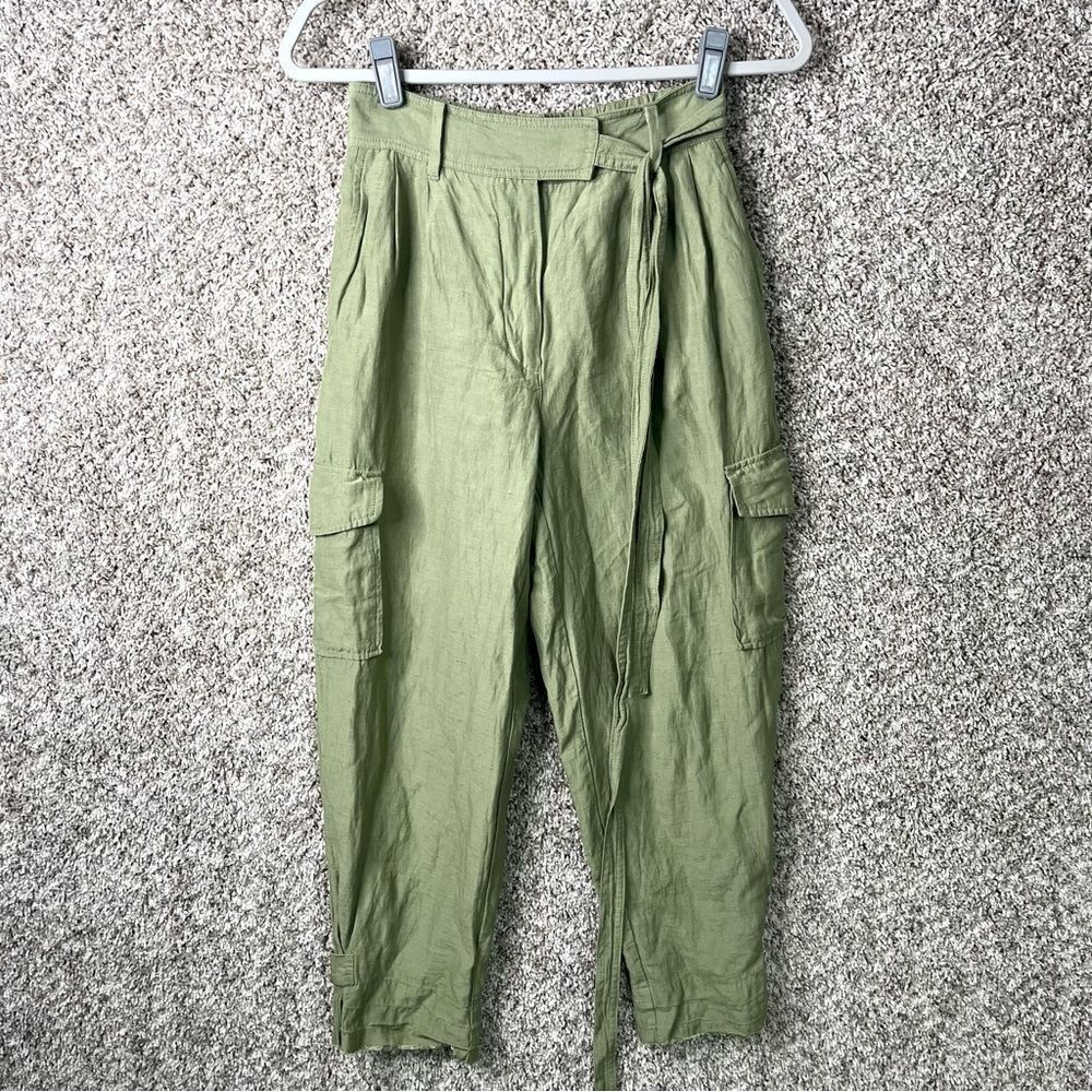 Wilfred Pants Women's 4 Aritzia Green Linen Blend High Rise Ankle Cropped Cargo